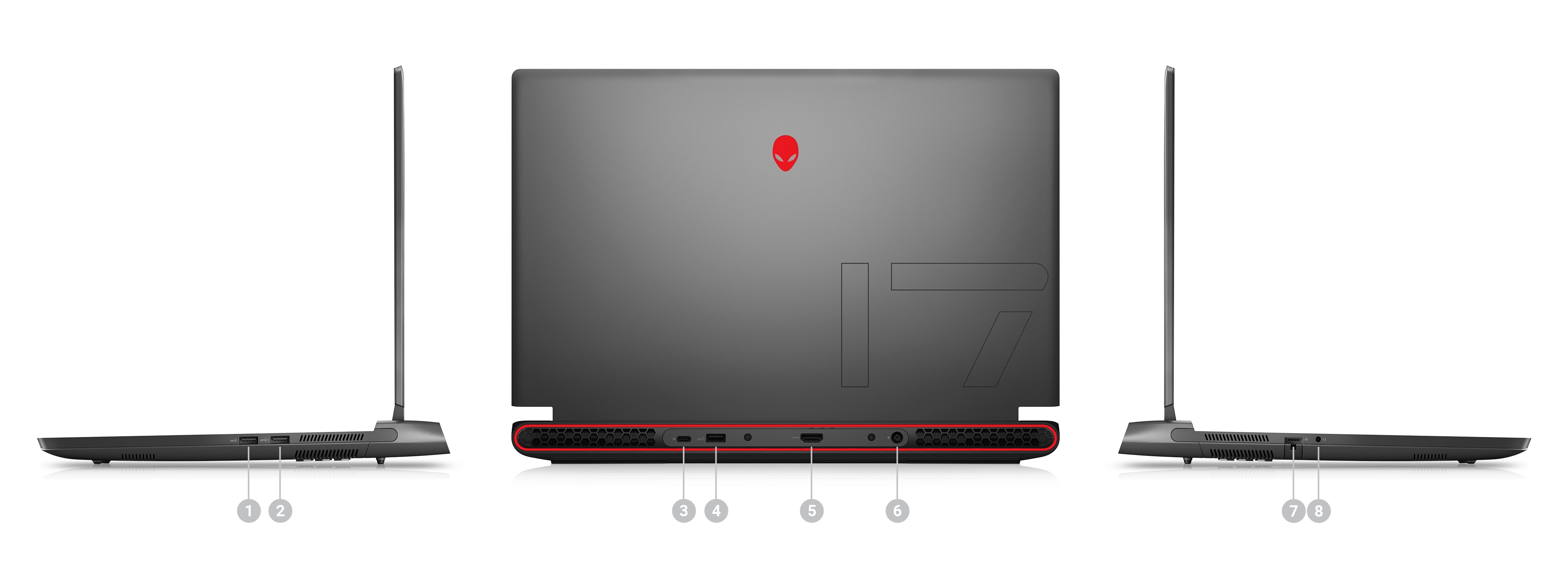 Picture of three Dell Alienware M17 R5 Gaming Laptops with numbers from 1 to 8 signaling product ports and slots.