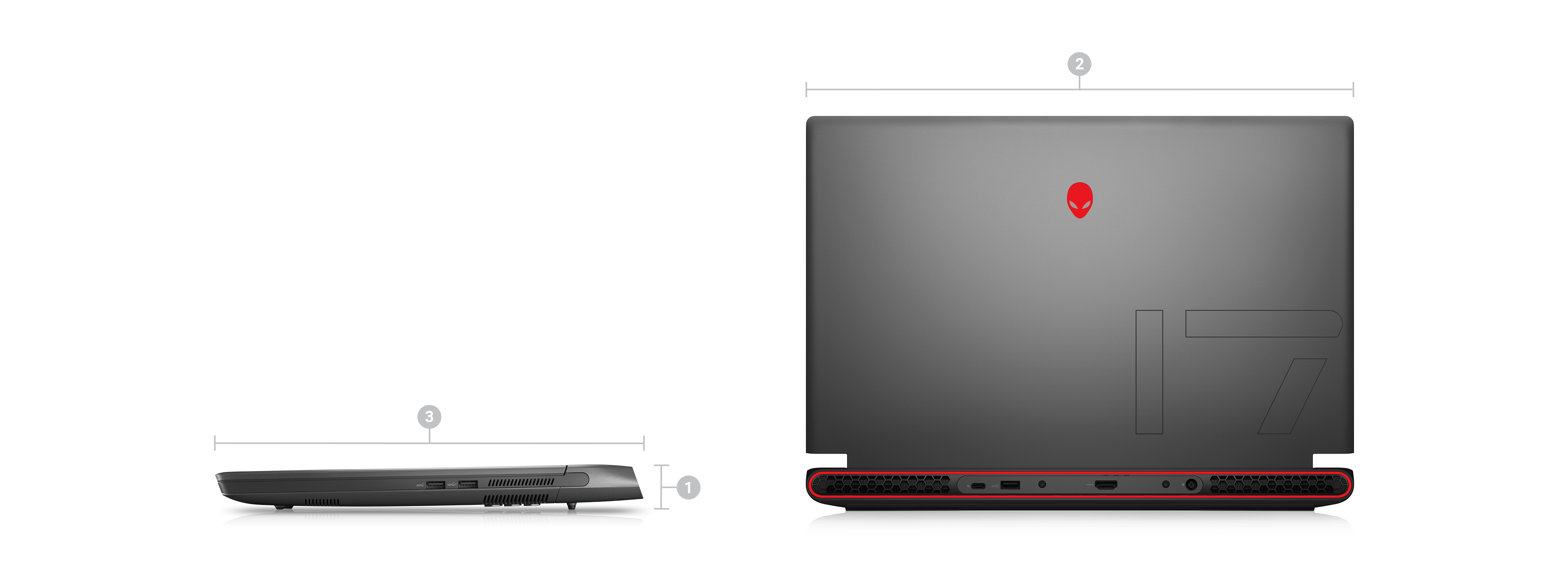 Bild von zwei Dell Alienware M17 R5 Gaminglaptops mit Zahlen von 1 bis 3 zur Kennzeichnung der Produktabmessungen und des Gewichts.
