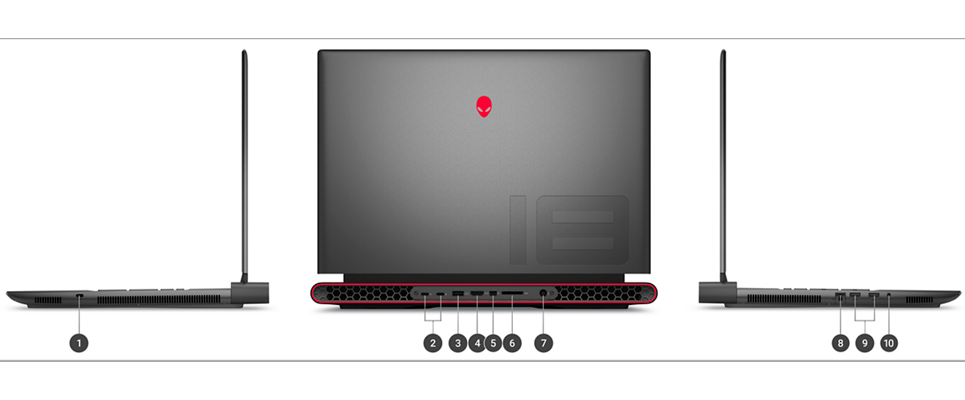 Dell Alienware M18 R1 Gaming Laptop with numbers from 1 to 10 showing the product ports and slots.