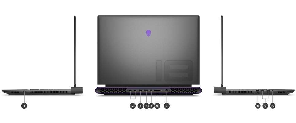 Dell Alienware M18 Gaming Laptops with numbers from 1 to 10 showing the product ports and slots.   