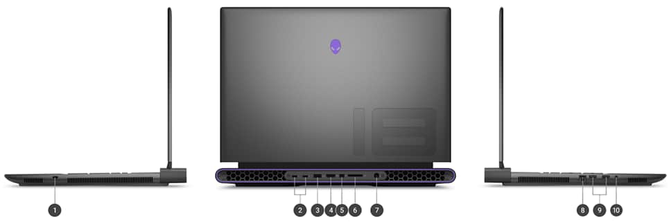 Dell Alienware M18 Gaming Laptops with numbers from 1 to 10 showing the product ports and slots.   