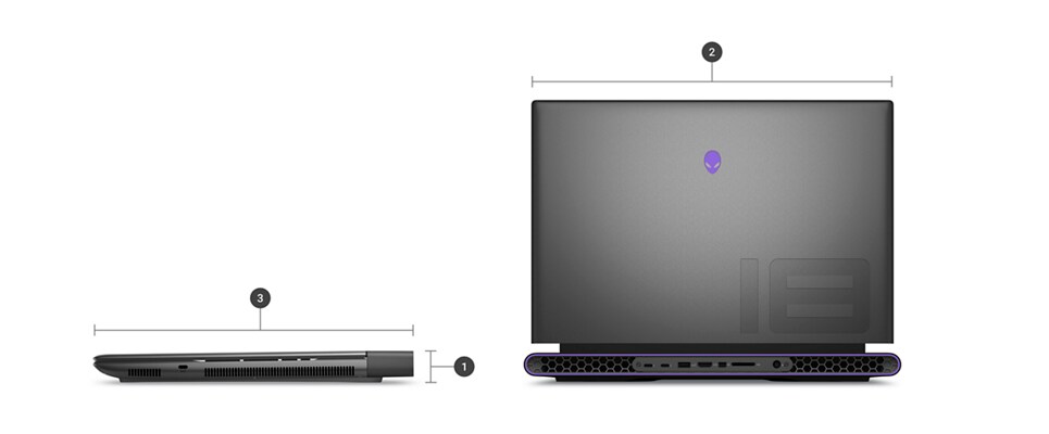 Dell Alienware M18 Gaming Laptops with numbers from 1 to 3 showing the product dimensions and weight.