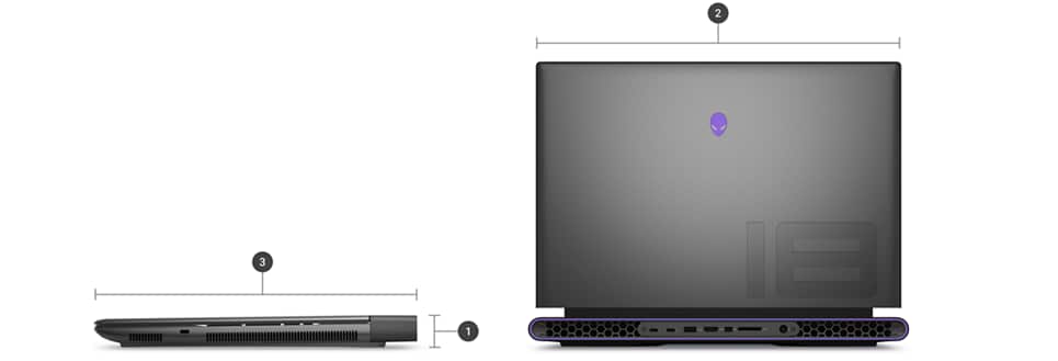 Dell Alienware M18 Gaming Laptops with numbers from 1 to 3 showing the product dimensions and weight.