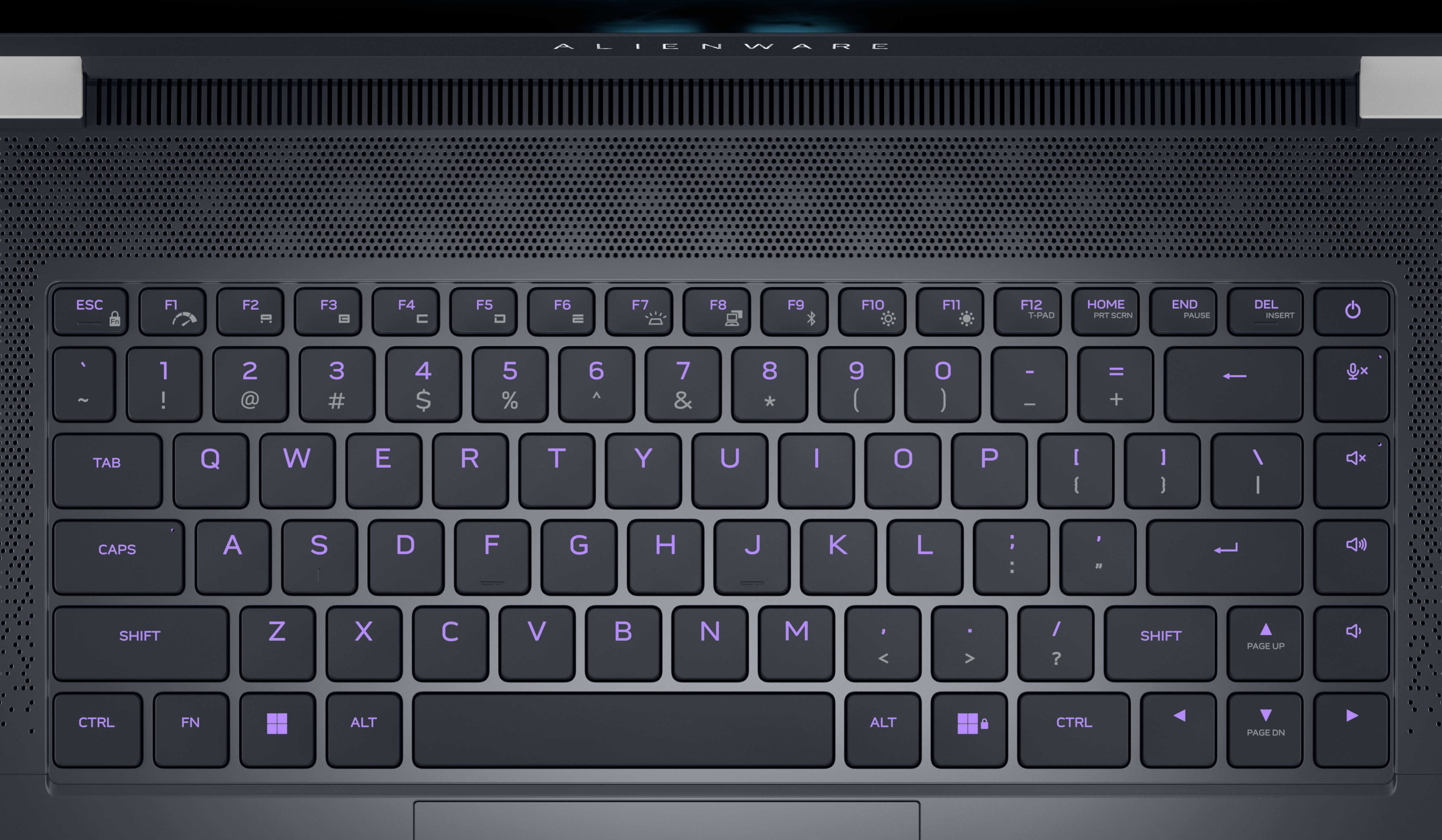 Picture of a Dell Alienware X14 Gaming Laptop keyboard seen from above.