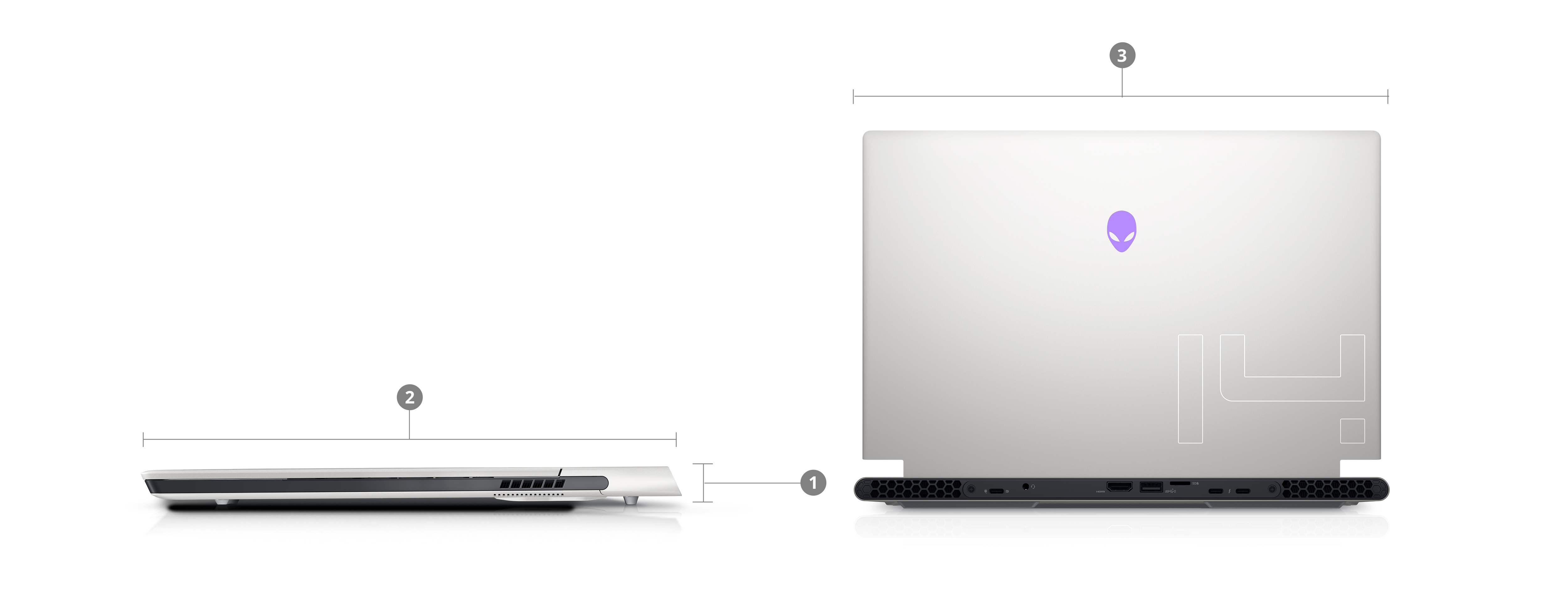 2つのDell Alienware X14ゲーミング ノートパソコンの画像。1～3の番号で製品の寸法と重量を示しています。