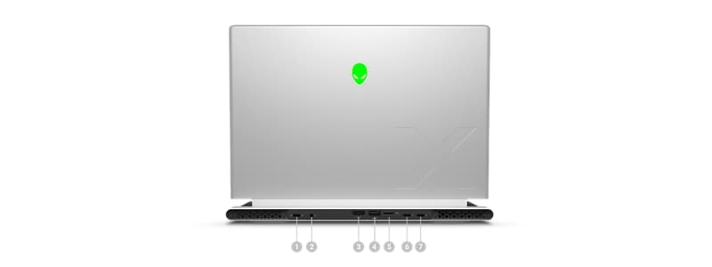 Dell Alienware X14 R2 Gaming Laptop with numbers from 1 to 7 showing the product ports and slots.