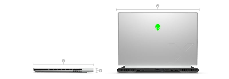 Dell Alienware X14 R2 Gaming Laptop with numbers from 1 to 3 showing the product dimensions and weight.