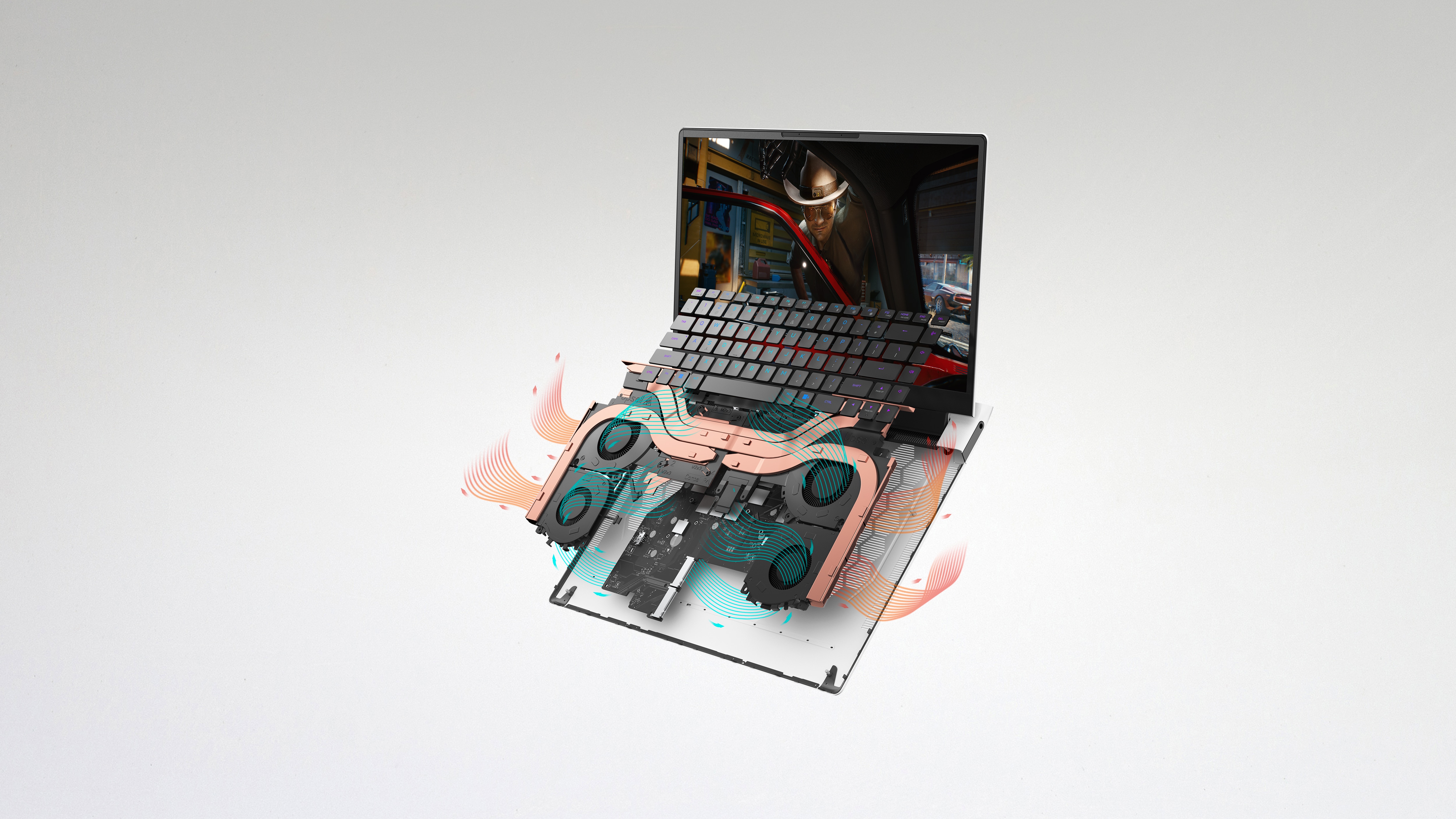 Dell Alienware x15 R2 遊戲專用筆記型電腦與拆開鍵盤的詳細圖片，顯示最新的散熱技術。