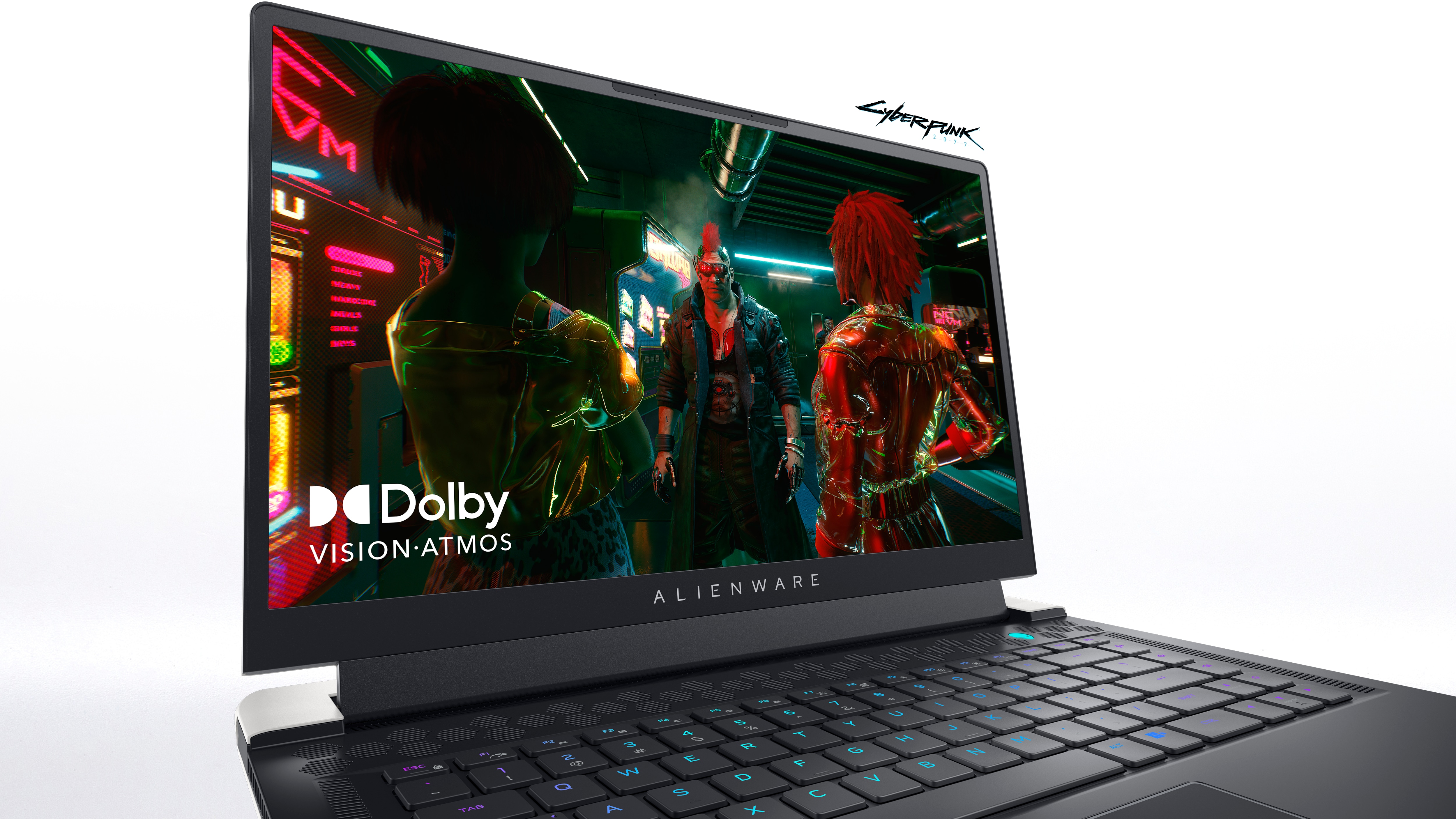Bild eines Dell Alienware x15 R2 Gaminglaptops mit der Abbildung eines Spiels und des Logos von Dolby Vision-Atmos auf dem Bildschirm.