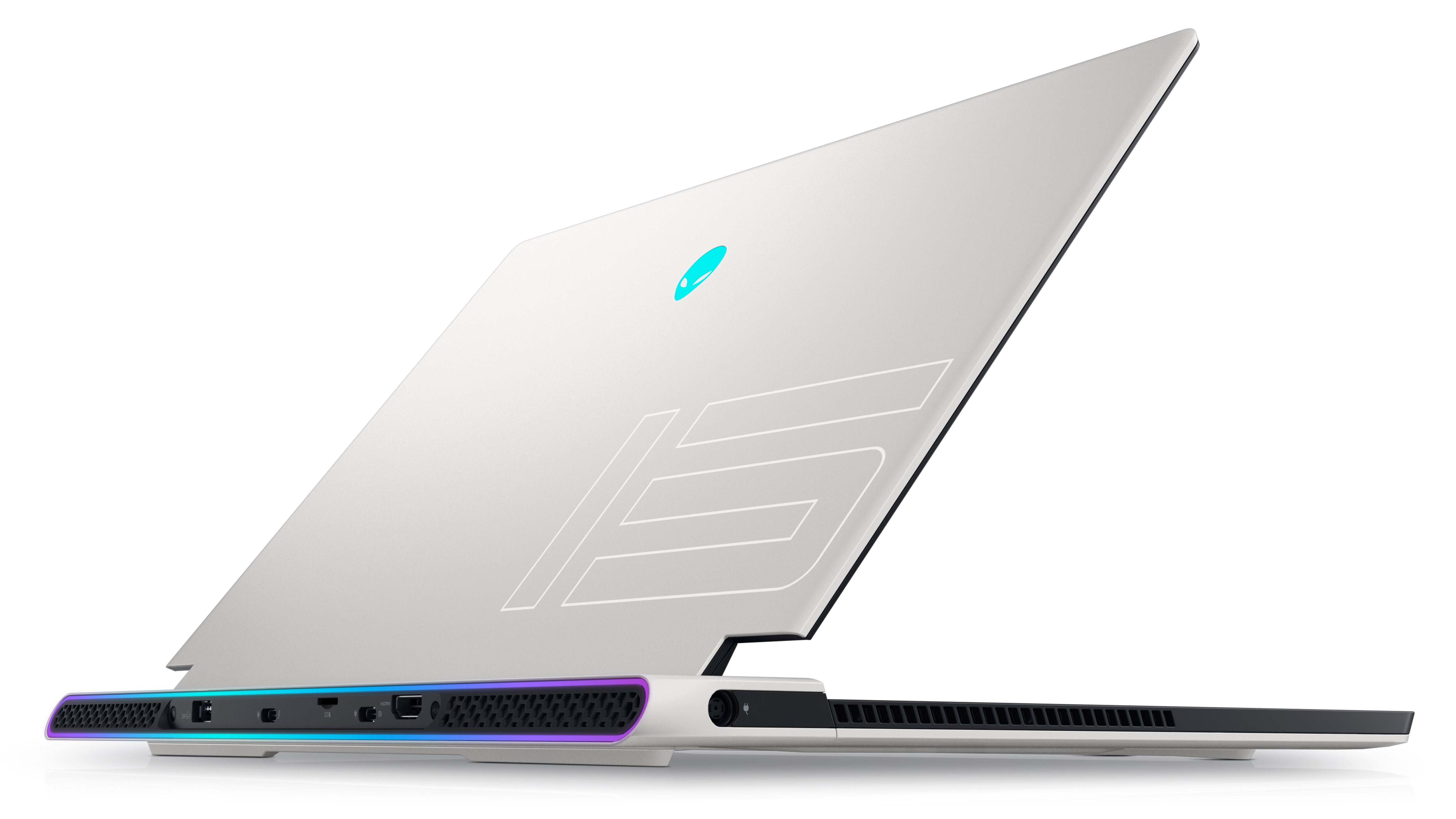 Bild eines geöffneten Dell Alienware x15 R2 Gaming-Laptops mit der Rückseite vor einem weißen Hintergrund.