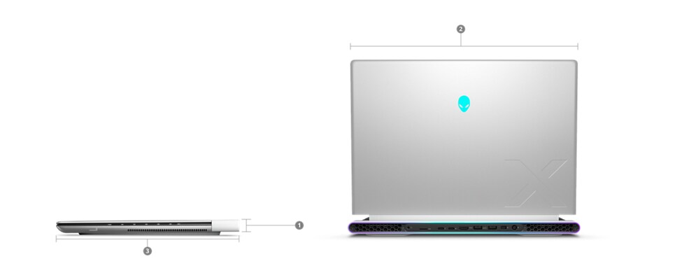 Dell Alienware X16 Gaming Laptop with numbers from 1 to 3 showing the product dimensions and weight. 