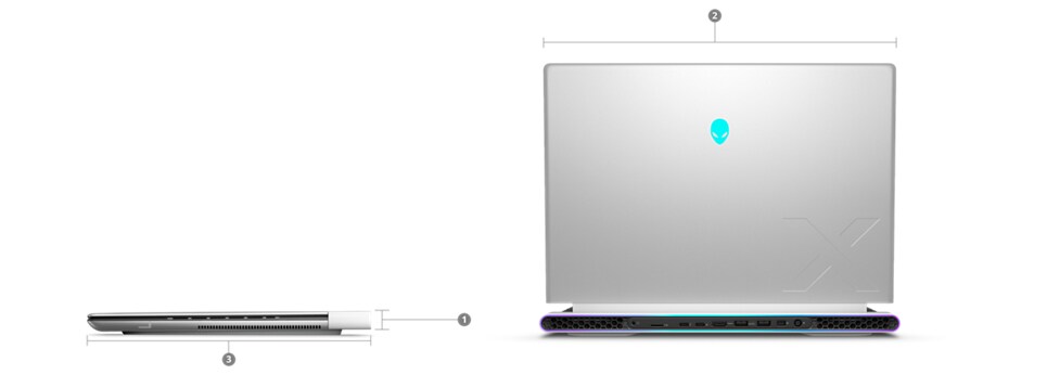 Dell Alienware X16 Gaming Laptop with numbers from 1 to 3 showing the product dimensions and weight. 