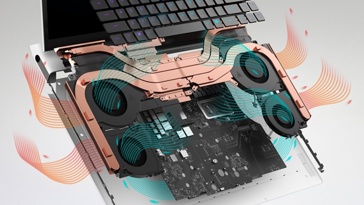 Picture of Dell Alienware x17 R2 Gaming Laptop with disassembled keyboard in detail, showing the latest cooling technology.