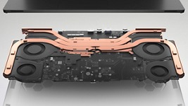 Picture of evacuative fans and dual opposite outlet fan inside Alienware x17 R2 Gaming Laptop.