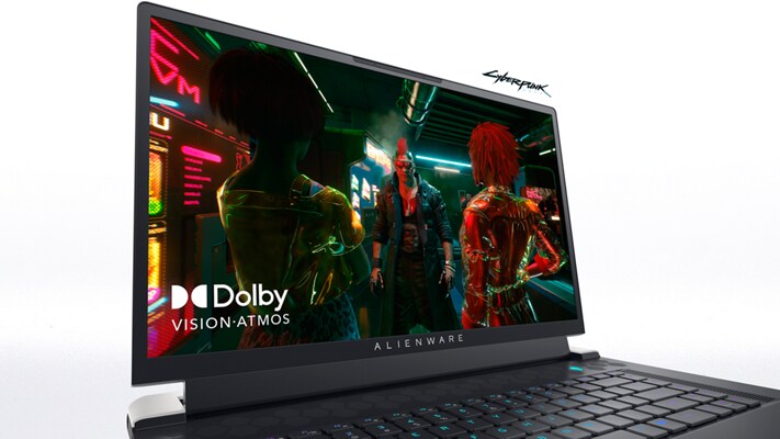 Picture of a Dell Alienware x15 R2 Gaming Laptop with a game image and a Dolby Vision-Atmos logo on the screen.