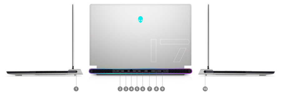 Picture of 3 Alienware Laptops, one from the front and two from the side with numbers from 1 to 10signaling the ports. 