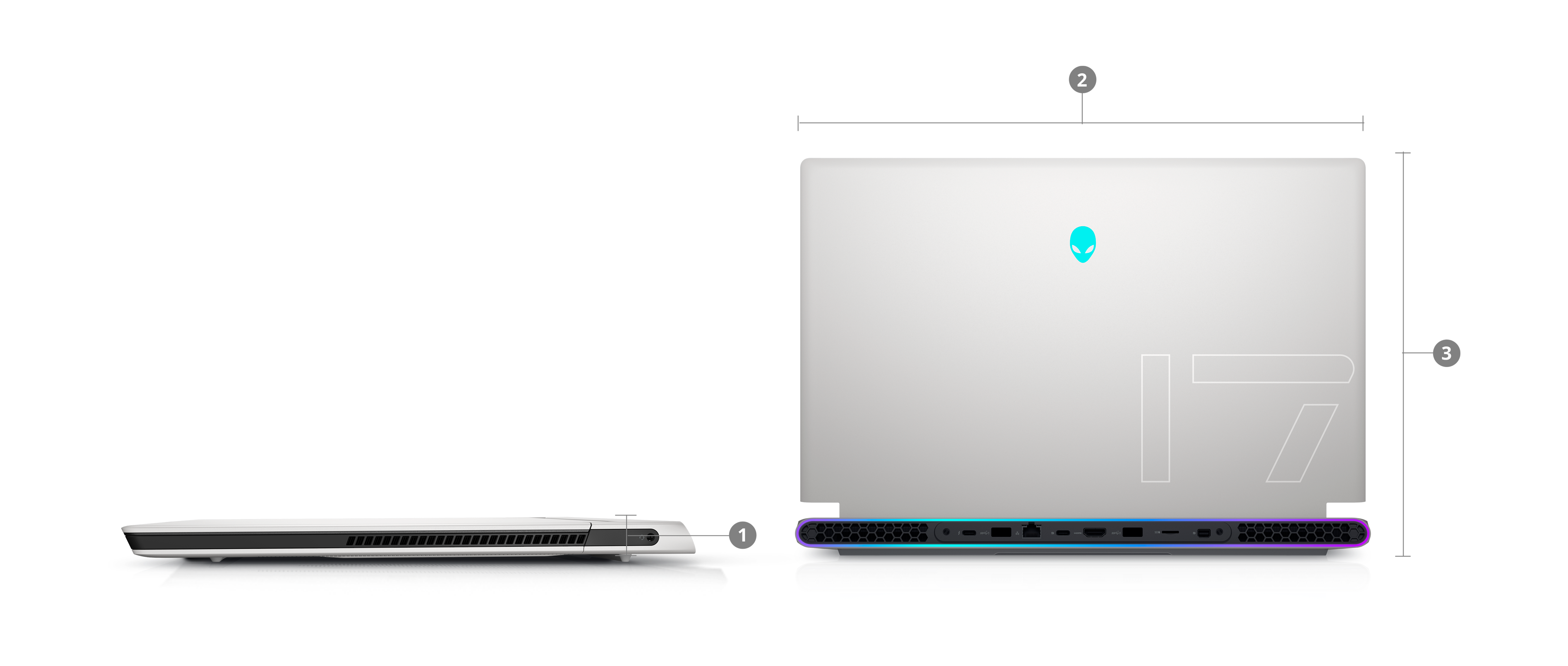Image de deux ordinateurs portables Alienware x17 R2, un ouvert et un fermé, avec des numéros de 1 à 3 qui indiquent les dimensions et le poids.
