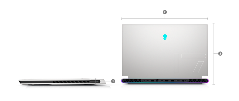 Picture of two Alienware x17R2 Laptops, one opened and one closed with numbers from 1 to 3, signaling dimensions & weight.