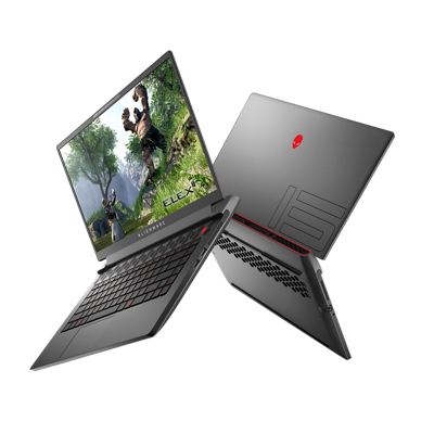 Imagen de dos laptops para juegos Dell Alienware M15 R7, una desde la parte frontal y otra desde la parte posterior, en la que se muestra el diseño del producto.