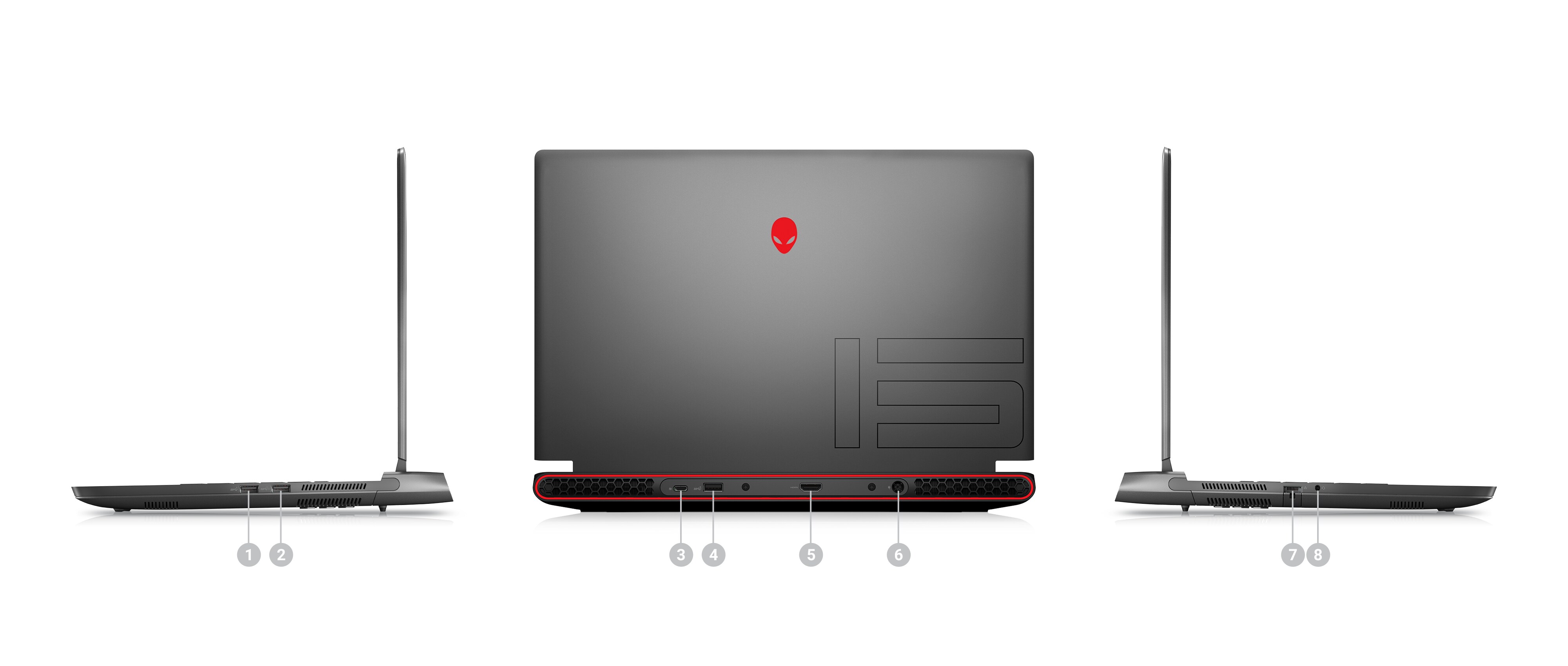 Bild mit drei Dell Alienware m15 R7 Gaminglaptops mit Zahlen von 1 bis 8 zur Kennzeichnung der Anschlüsse und Steckplätze des Produkts