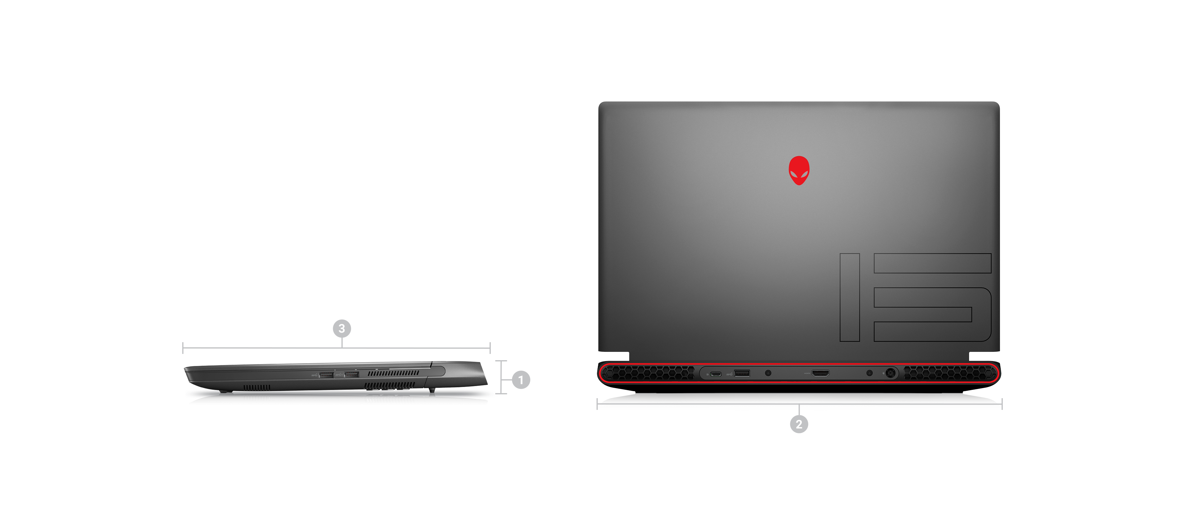 Bild zweier Dell Alienware m15 R7 Gaminglaptops mit Zahlen von 1 bis 3 zur Kennzeichnung der Produktabmessungen