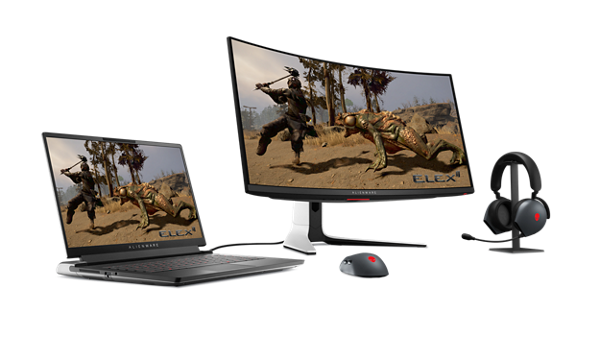 Bild von einem Dell Alienware M15 R7 Gaming-Laptop, der an einen Alienware Monitor, ein Headset und eine Maus angeschlossen ist.