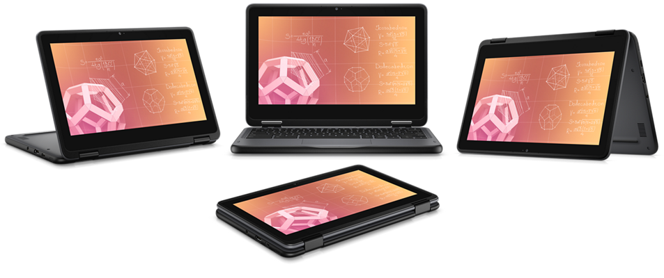 Zdjęcie 4 komputerów Dell Chromebook 3110 2 w 1 na jasnoszarym tle, z których jeden jest w trybie notebooka, a pozostałe 3 w trybie tabletu.