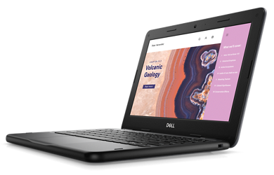 Image d’un Dell Chromebook 3110 avec des fonctionnalités affichées à l’écran. L’arrière-plan est gris clair.