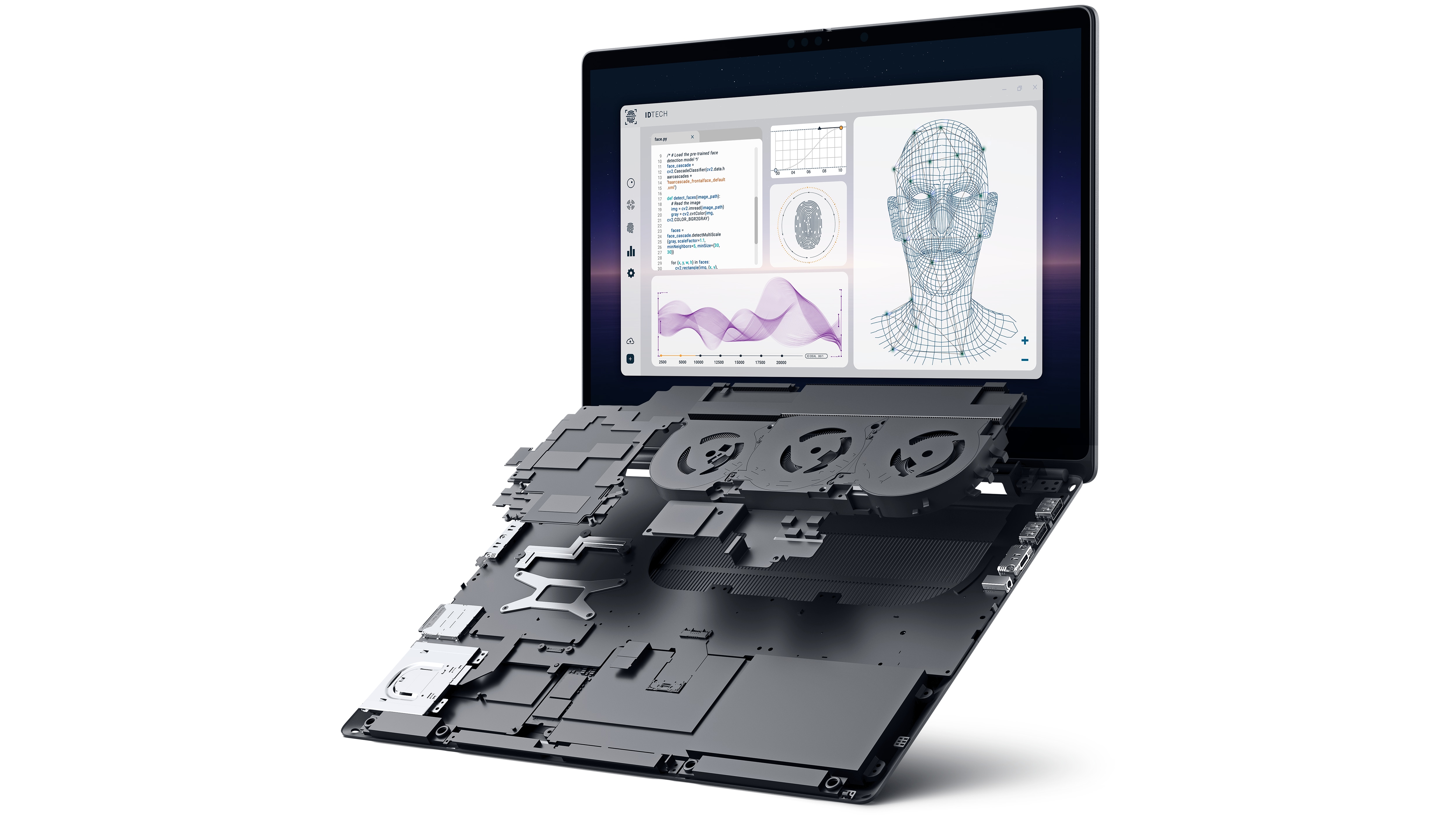 Exploded view of a Dell Pro Max laptop highlighting its key features.