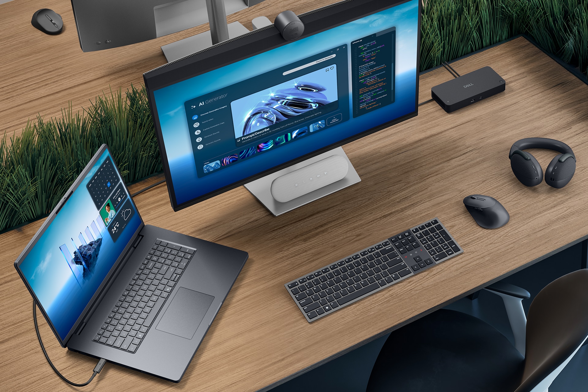 A modern office desk featuring a desktop computer and a Dell Pro Max laptop.