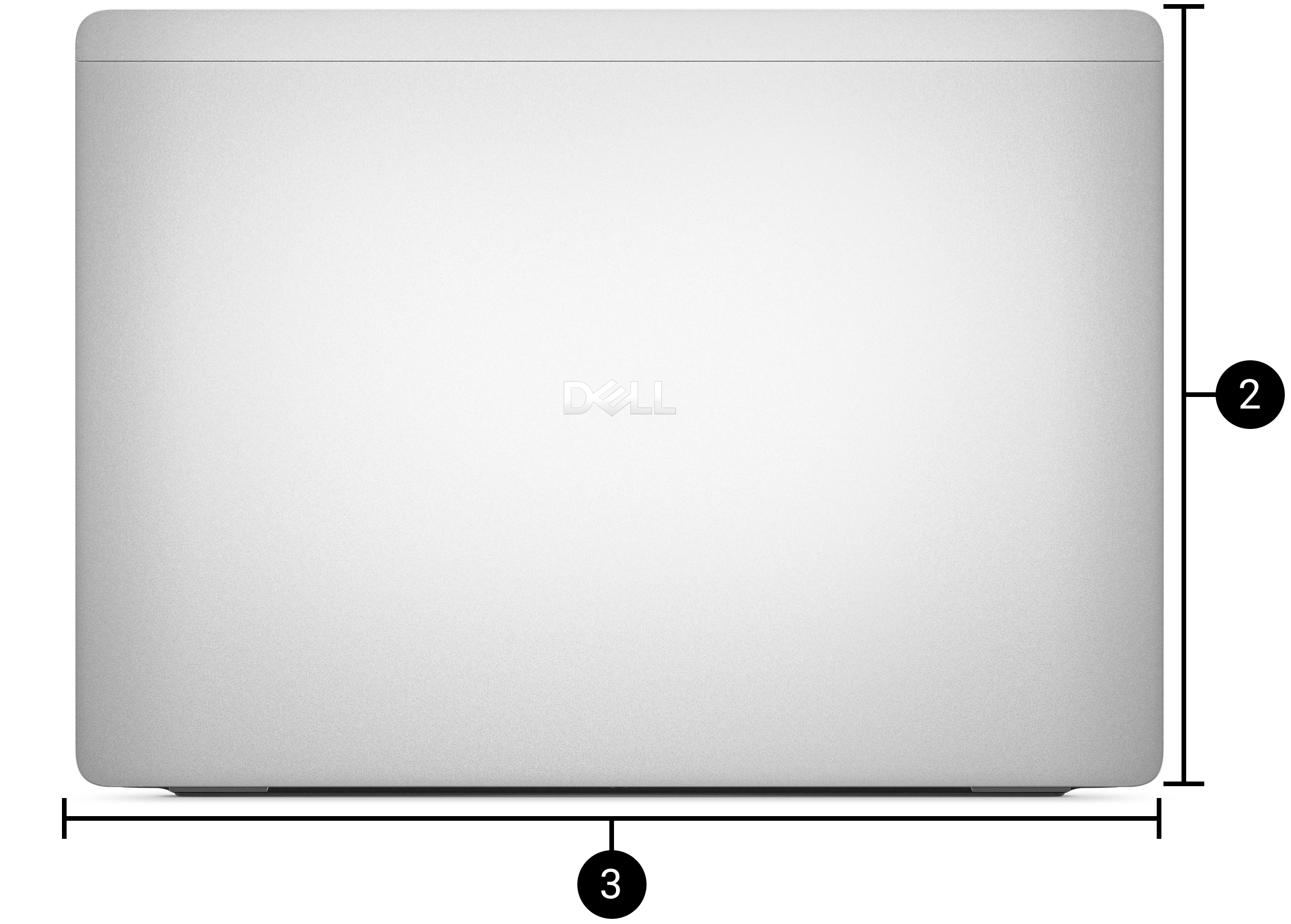 An image of the Dell Pro 14 Plus laptop from the back with the lid open, referencing the depth (height with lid open) and width of the laptop.
