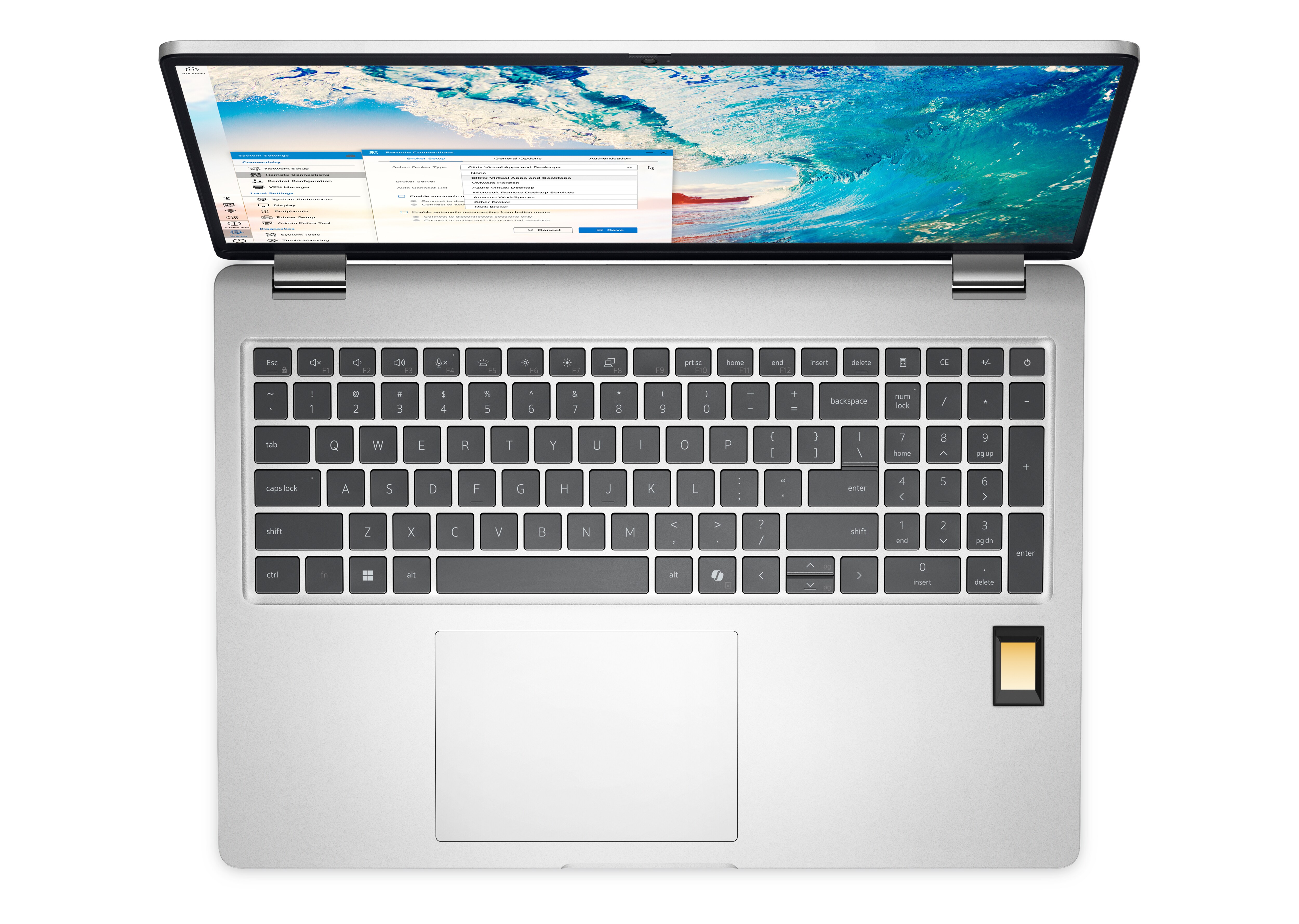 An overheard view of a Dell Pro 16 Plus laptop showing its keyboard and a fingerprint reader.