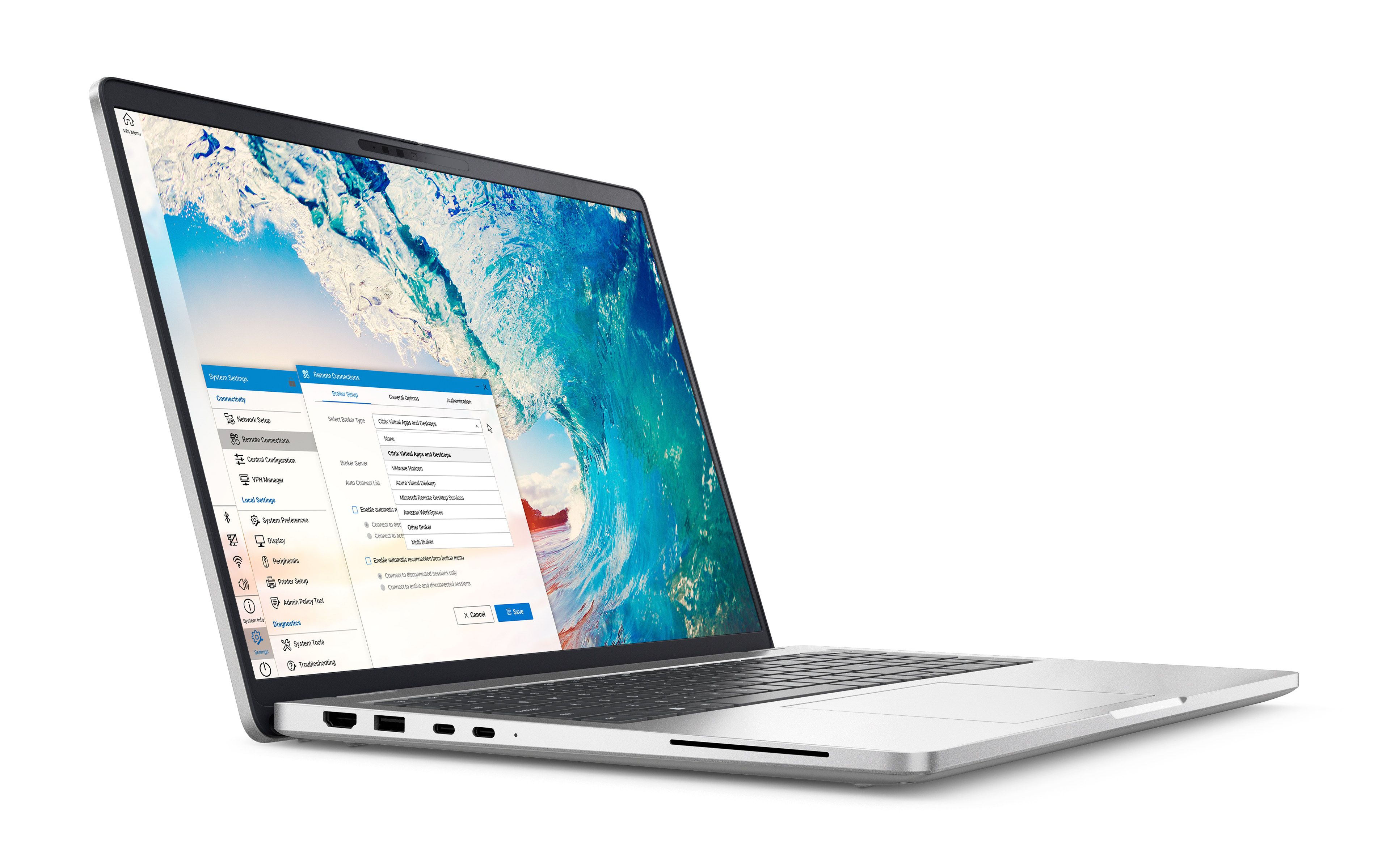 A Dell laptop computer. On its screen is the Dell ThinOS user interface.