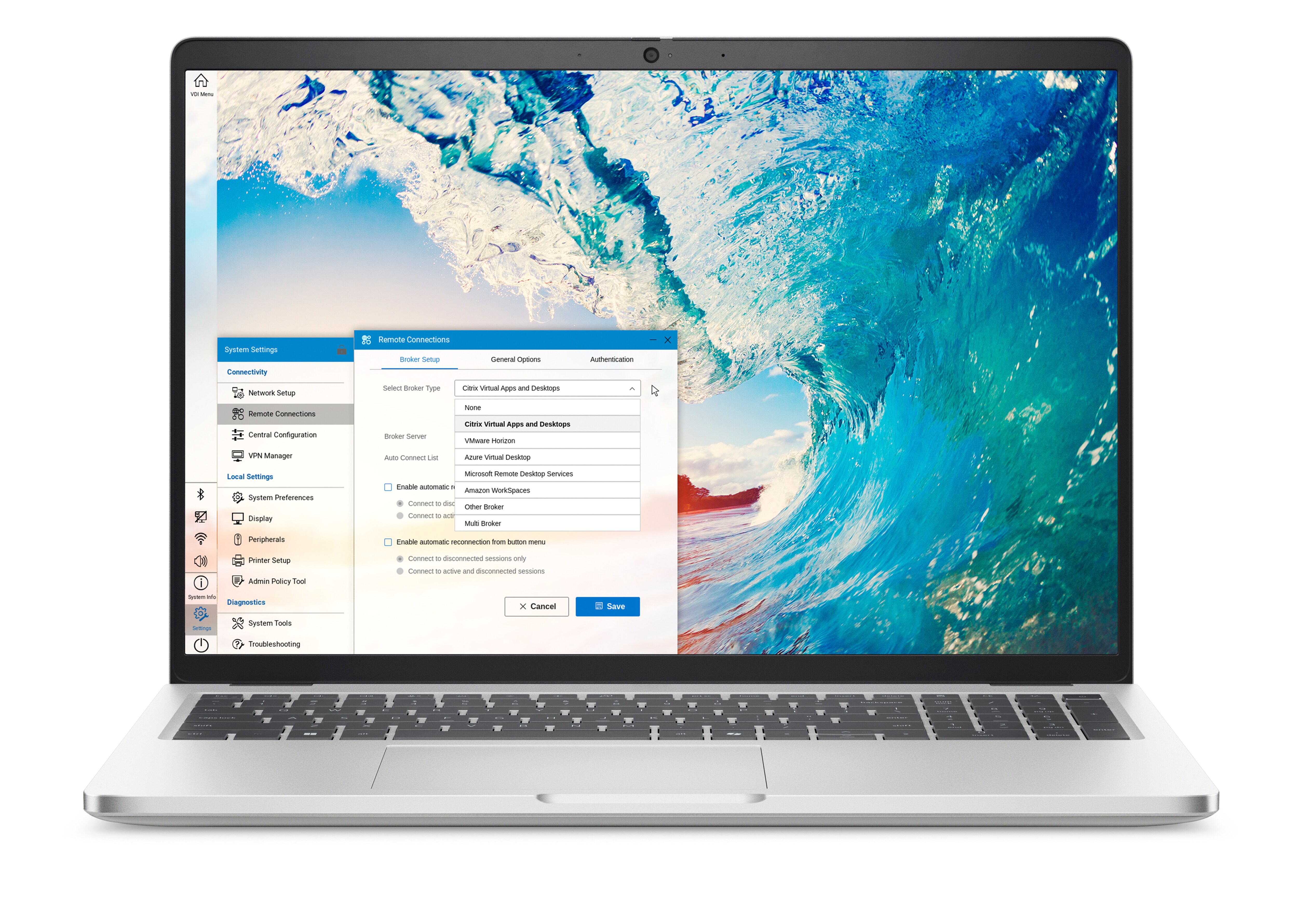A Dell Pro 16 Plus laptop with Thin Client Solution software.