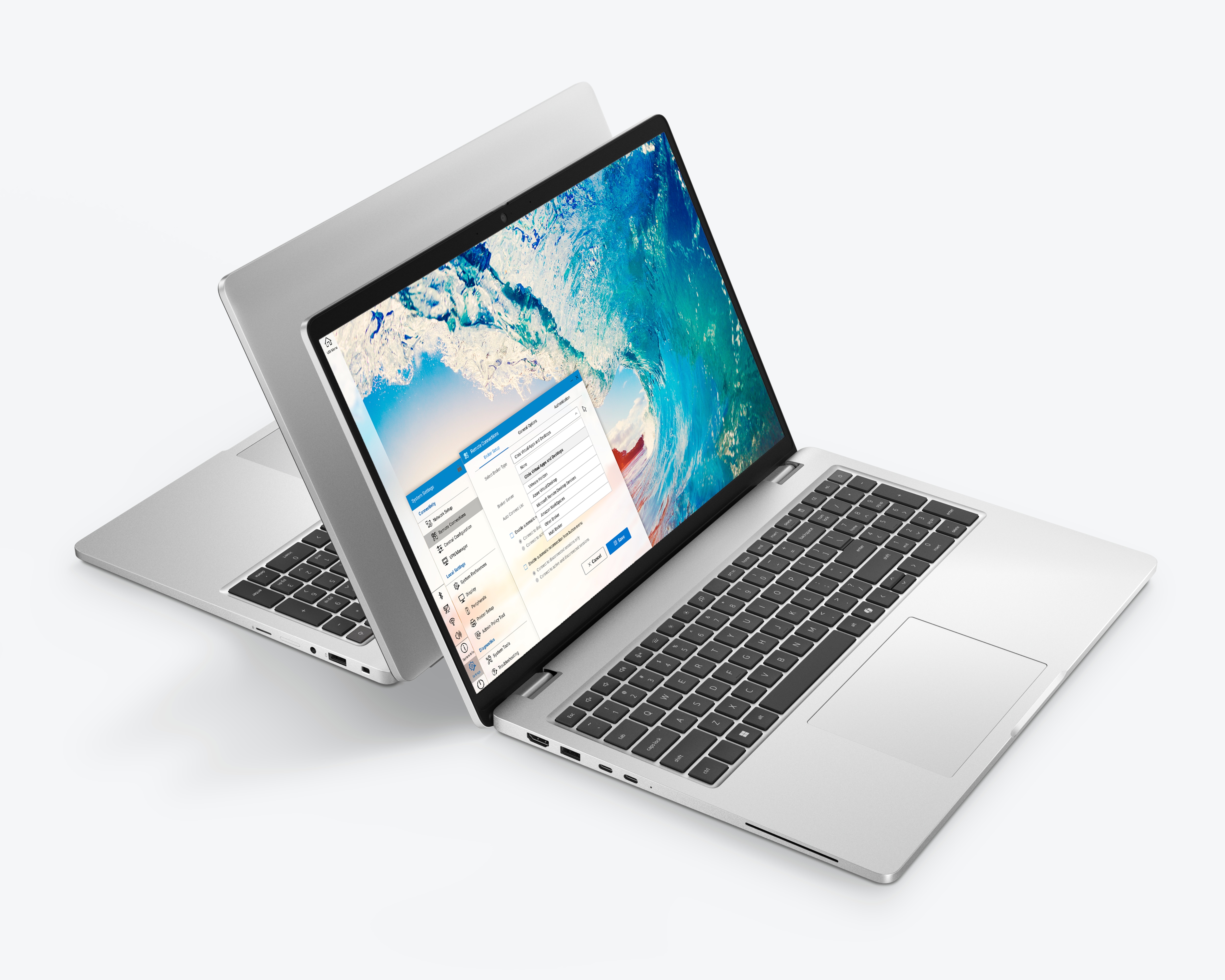 Two Dell Pro 16 Plus laptops, side by side, the screen of one is showing the Dell ThinOS user interface.