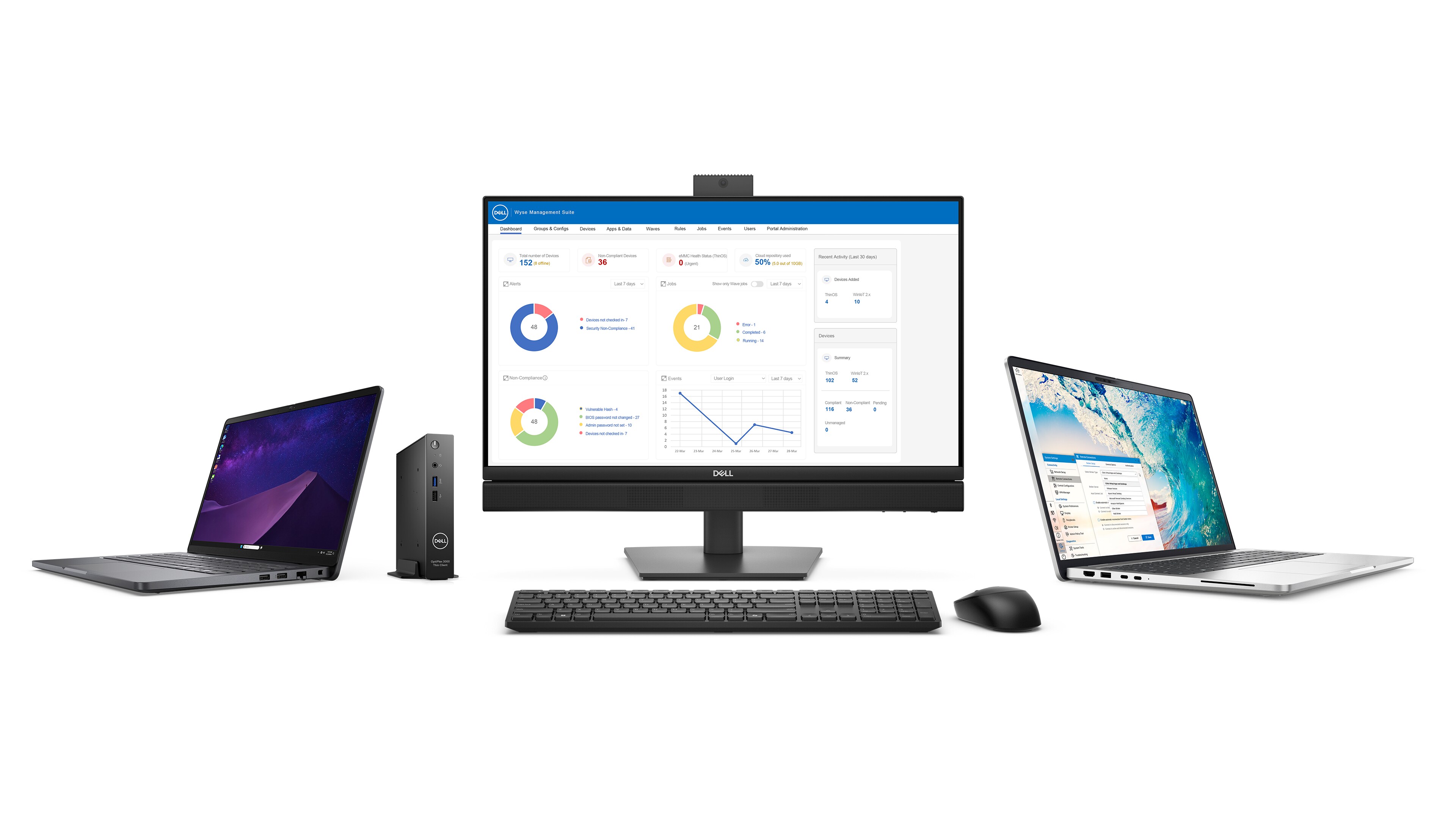 An array of Dell computers including two laptops, a tower and a desktop – all equipped with Cloud Client Workspace.