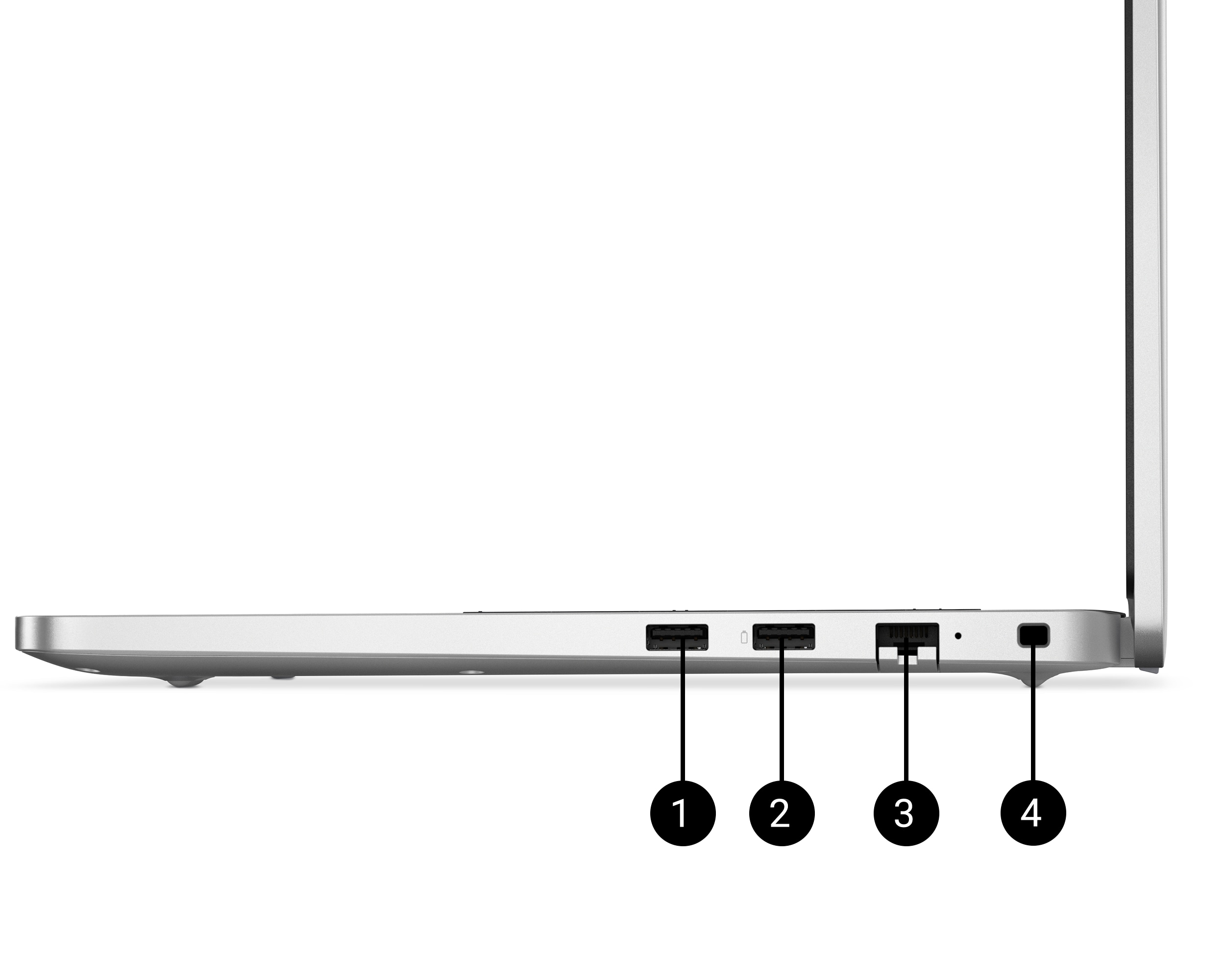 Right side of Dell Pro 14 laptop zoomed into ports, USB 3.2, USB 3.2, RJ-45 ethernet, wedge-shaped lock slot