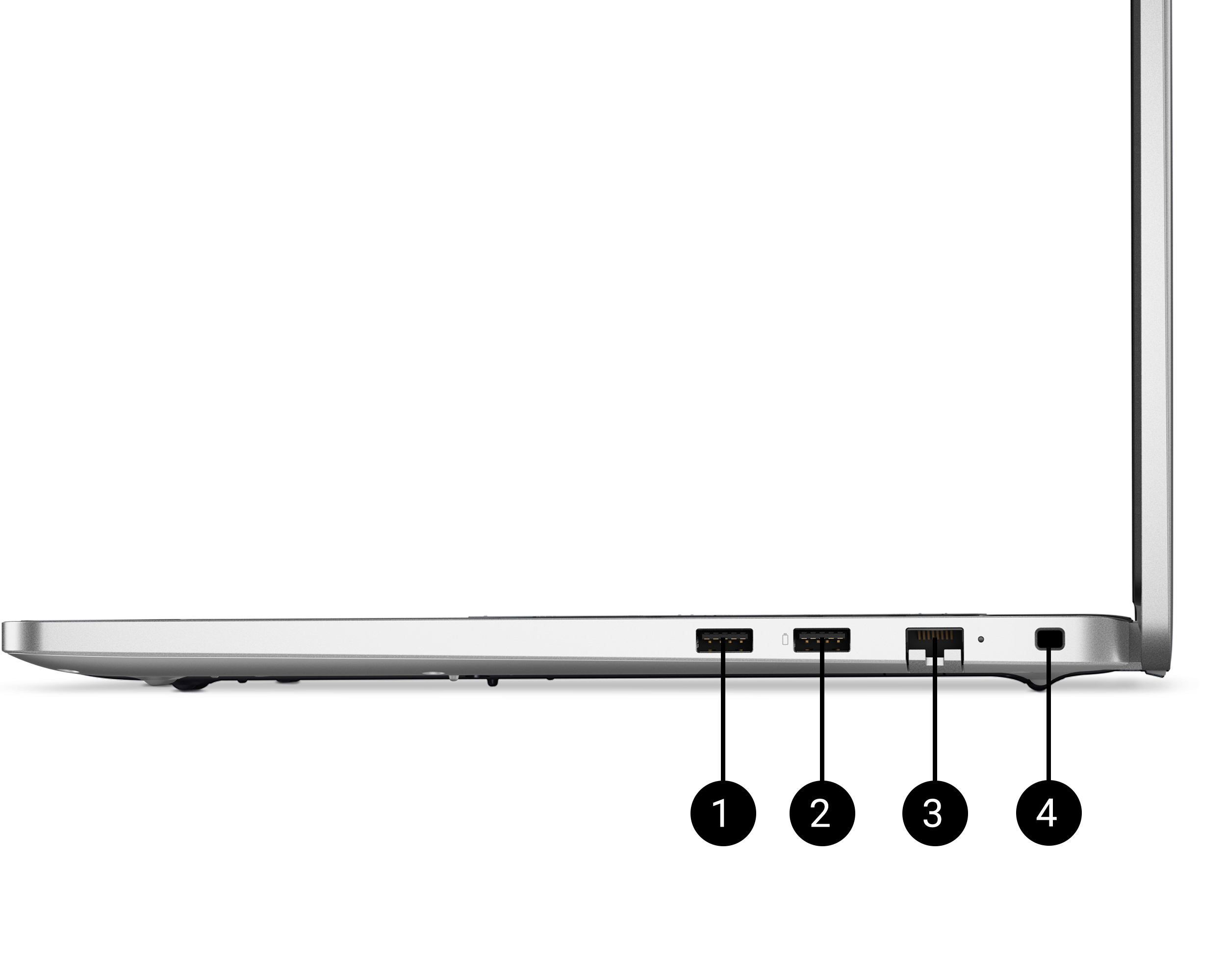 Right side of Dell Pro 16 laptop zoomed into ports, USB 3.2, USB 3.2, RJ-45 ethernet, wedge-shaped lock slot