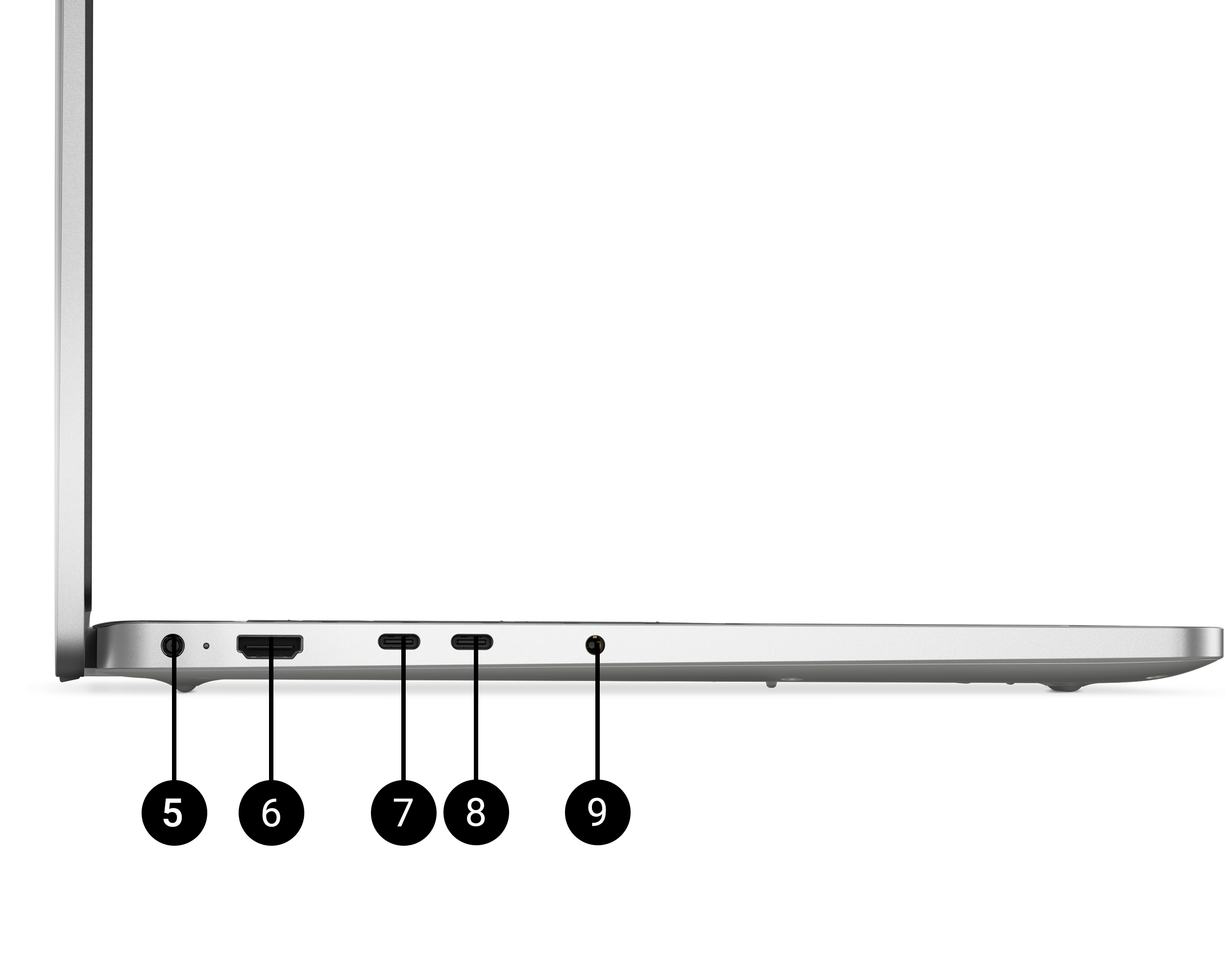 Left side of Dell Pro 16 laptop zoomed in to show ports, 4.5mm barrel power delivery, HDMI 2.1, USB Type-C thunderbolt 4, USB Type-C DisplayPort 2.0, global headset jack