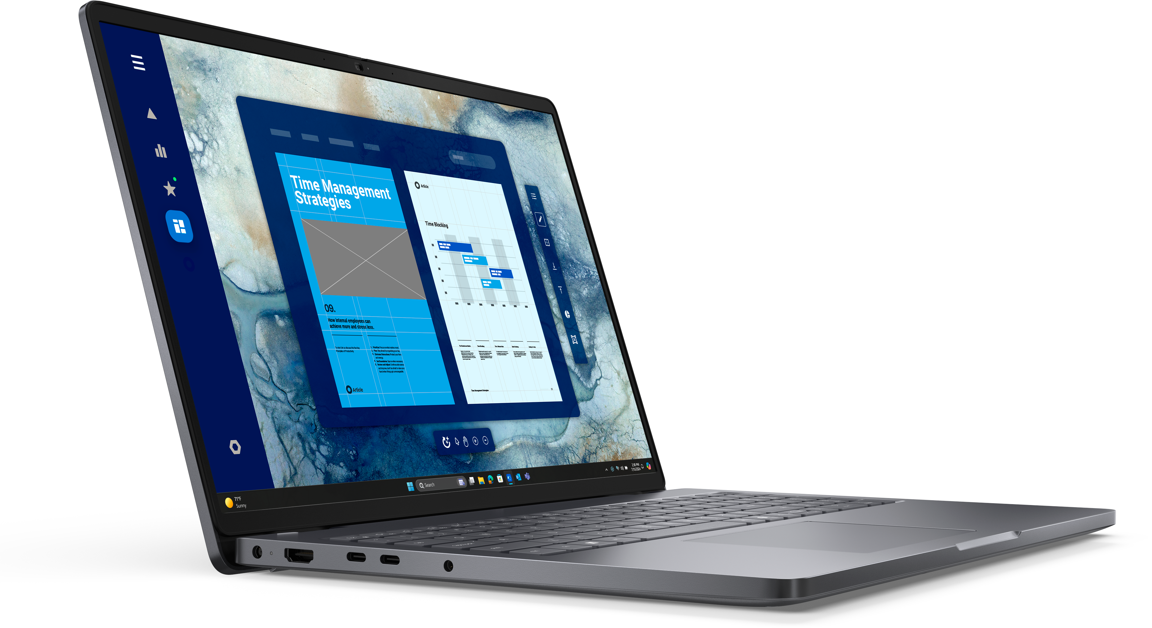 View voltado para a direita Notebook Dell Pro 16 com câmera HD/FHD