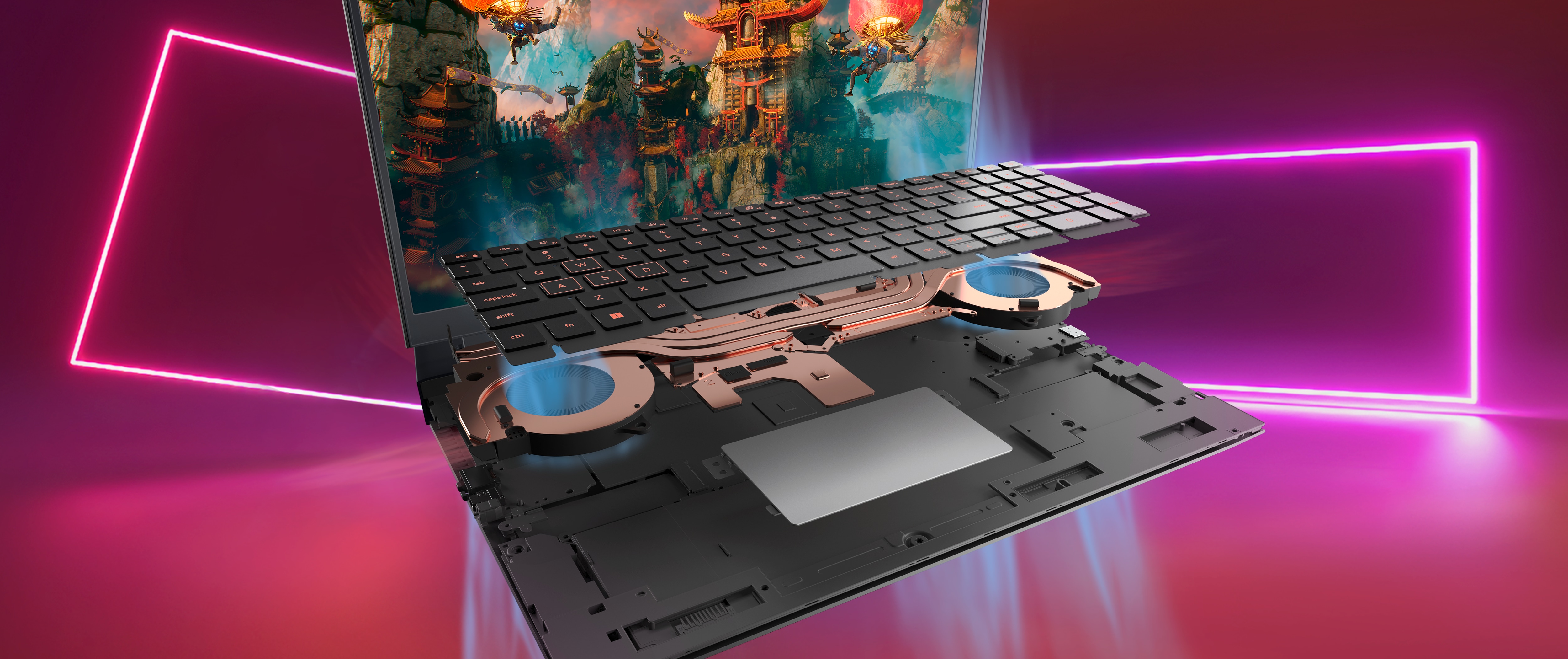 Imagem de um notebook gamer Dell G15 5525 desmontado mostrando o teclado do produto na parte interna.