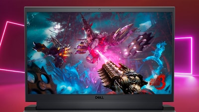 Picture of a Dell G15 5525 Gaming Laptop with a Shadow Warrior 3 game image on the screen.
