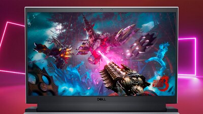 Picture of a Dell G15 5525 Gaming Laptop with a Shadow Warrior 3 game image on the screen.