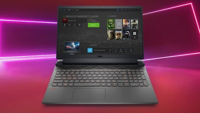Imagem de um notebook gamer Dell G15 5525 com uma biblioteca de jogos aberta na tela.