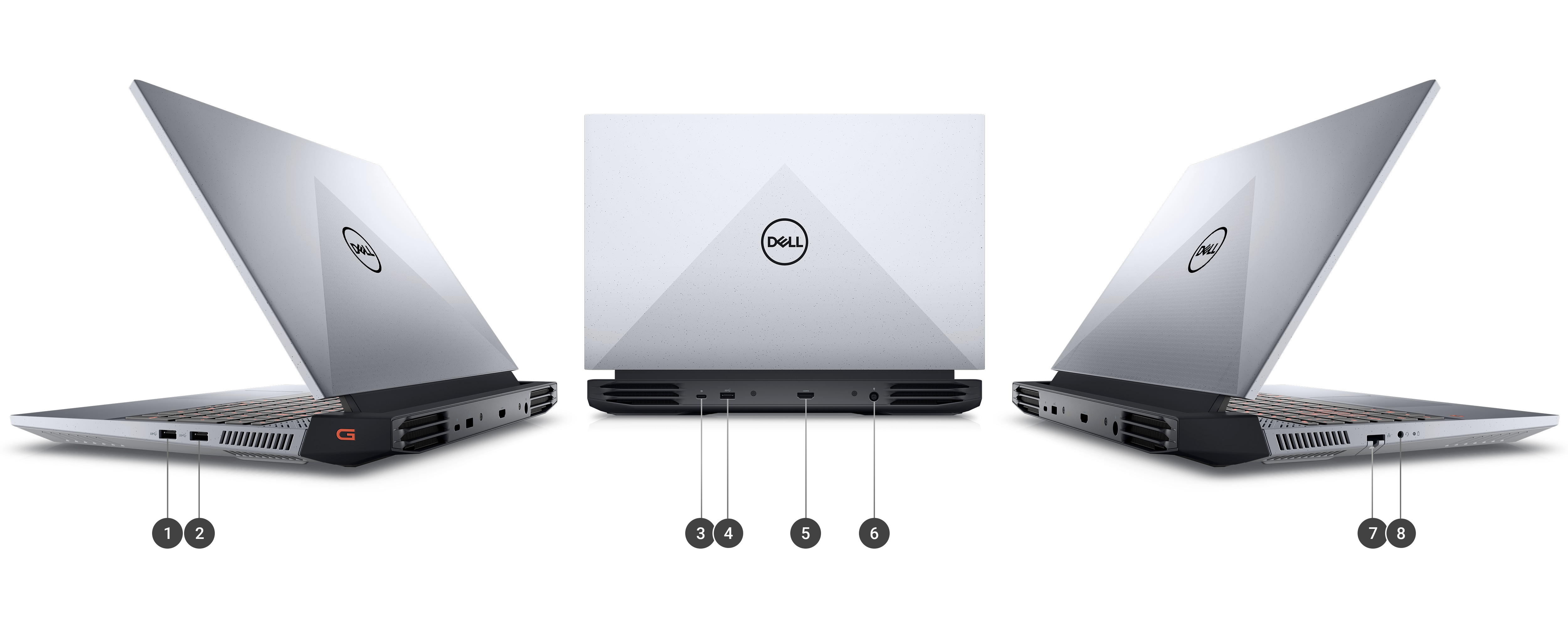 Image de trois ordinateurs portables de gaming Dell G15 5525 avec des numéros compris entre 1 et 8 indiquant les ports et les logements du produit.