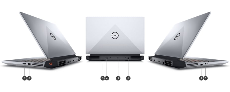 Picture three Dell G15 5525 Gaming Laptops with numbers from 1 to 8 signaling the product ports and slots.