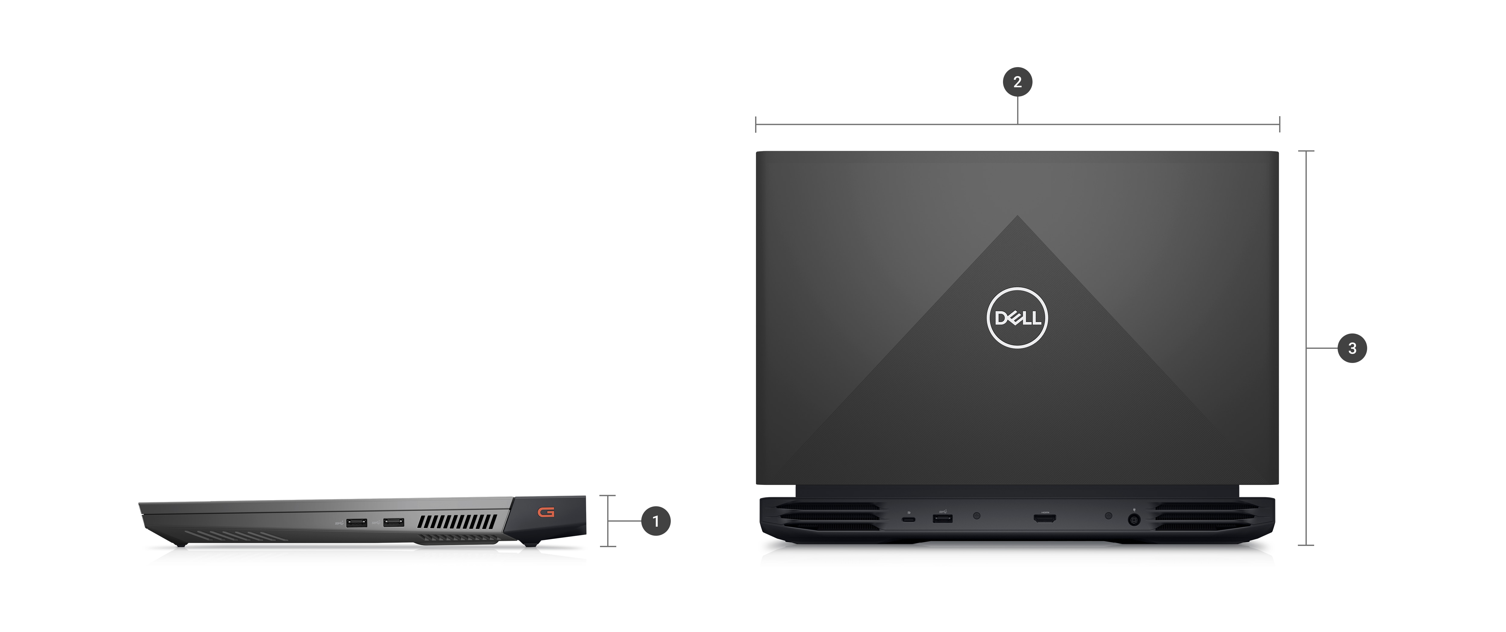 Image de deux ordinateurs portables de jeu Dell G15 5525 avec des numéros de 1 à 3 qui indiquent les dimensions et le poids du produit.