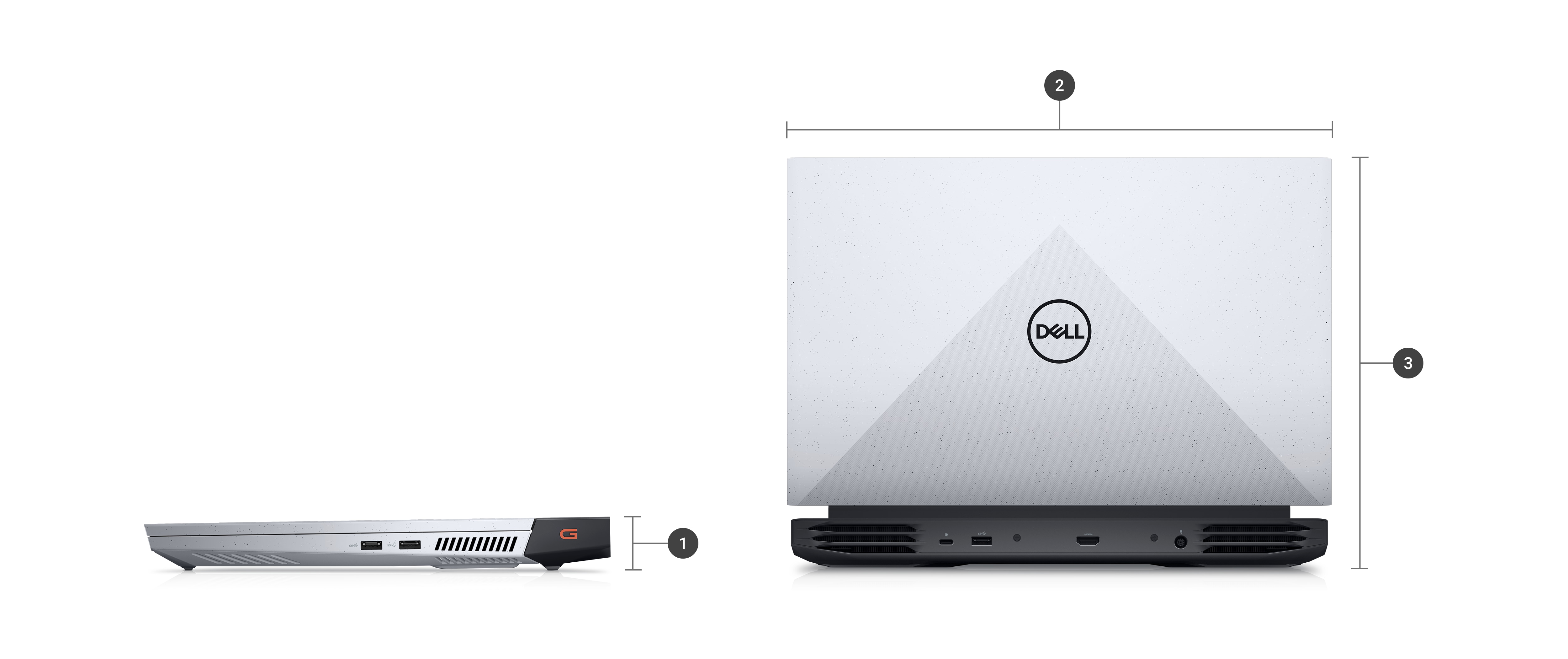 Bild zweier Dell G15 5525 Gaming-Laptops mit Zahlen von 1 bis 3 zur Kennzeichnung der Produktabmessungen