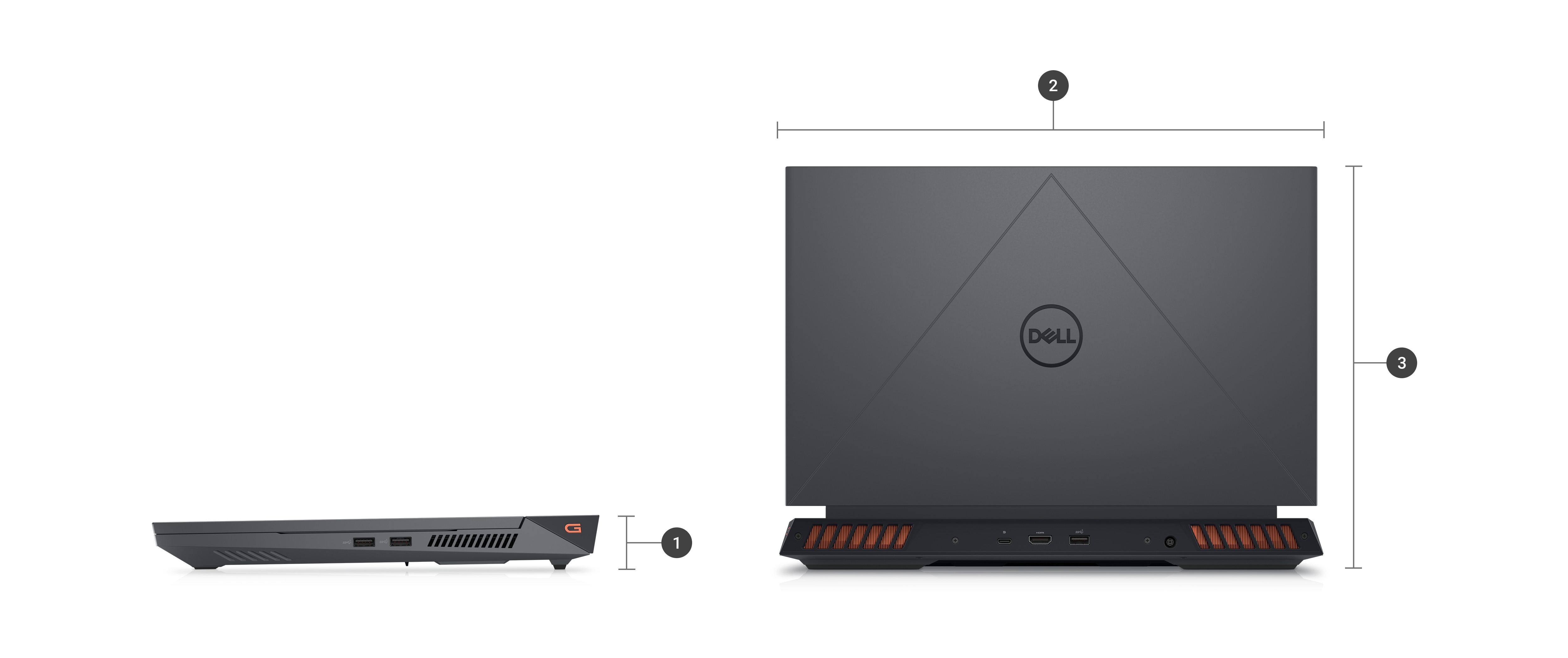 Dell G Series 15 5535 Gaming Laptop with numbers from 1 to 3 showing the product dimensions and weight.