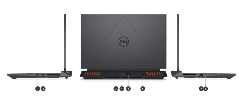 Dell G Series 15 5530 Gaming Laptop with numbers from 1 to 8 showing the product ports and slots.